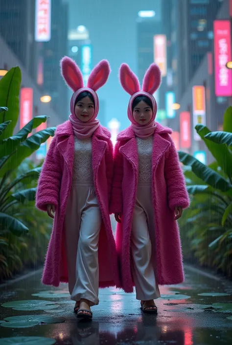 2 Korean women wearing beautiful hijabs, round faces, chubby cheeks, cute and very charming, they are wearing lace blouses and long furry magenta coats, wearing oversized furry rabbit hats in one wide banana leaf, walking confidently under the heavy rain, ...