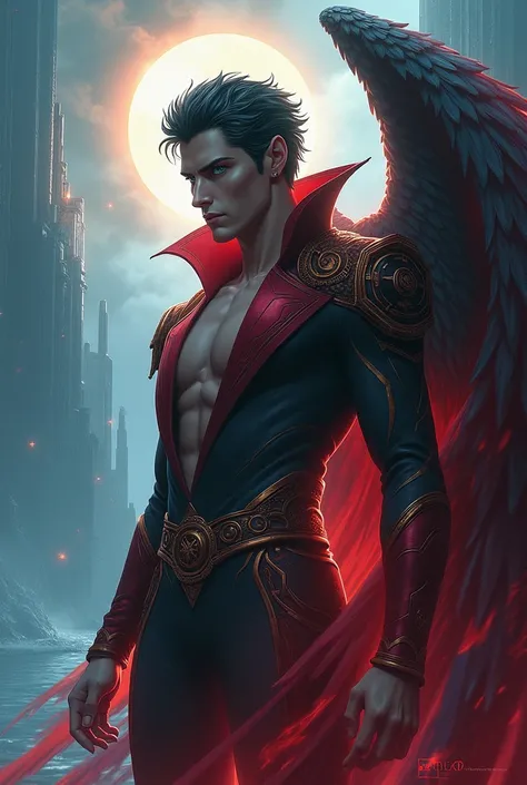 Portrait of the tempting Lucifer Morningstar,  on the mythical island of Atlantis,  in the style of the mythological anime 