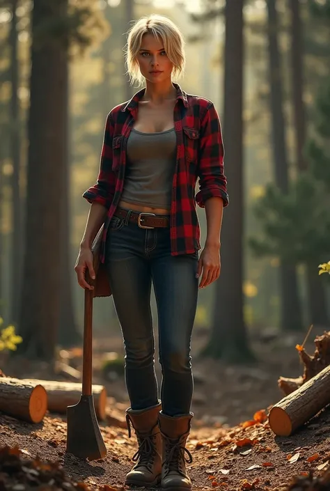 A photorealistic scene of a rugged, muscular female in her mid 30s, standing in a dense forest, holding a sturdy axe over her shoulder. She is dressed in classic lumberjack attire: a red and black flannel shirt with the sleeves rolled up to her elbows, sho...