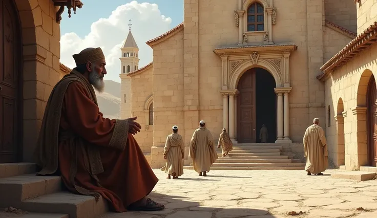 Israelite scholar in an ancient house in the bible sitting on outside the Catholic Church with people going inside