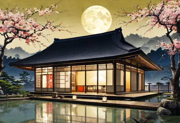 Japanese house painting under full moon, Matte painting inspired by Yoshigai Kano, CG Societyでトレンド, Ukiyo-e, Japanese art style, traditional Japanese art, Japanese art,   Traditional Japanese Paintings , Japan at Night, old Japanese art, Japanese art art, ...