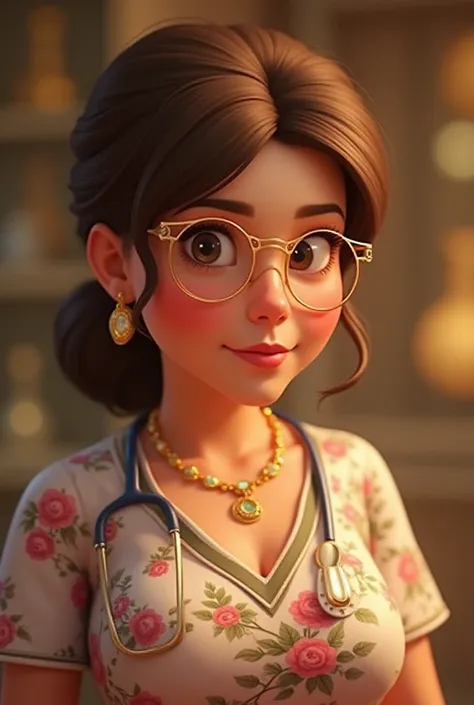 Animated short low mature fulled body breastfull obesity circled face 50 years old mature white curvy  round woman with light brown hair tided up with hair clip full of jewels. She have golden glasses and full of expensive rings and golden earrings. Sweet ...