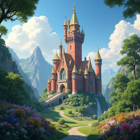 fabulous high castle-tower made of red brick and gilded roofs in a valley of blooming gardens
