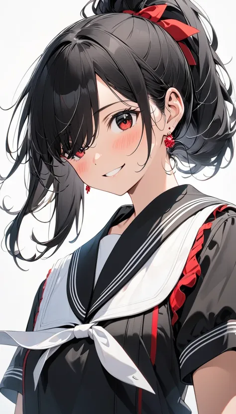 ROUGH　Beauty　 black sailor suit 　 skirt　Pure white underwear　pubic hair　 upper body red 　 earrings for women with first name　 boots　 black hair　 ponytail　 hair over one eye　smile　Embarrassed　blush　Shooting from below