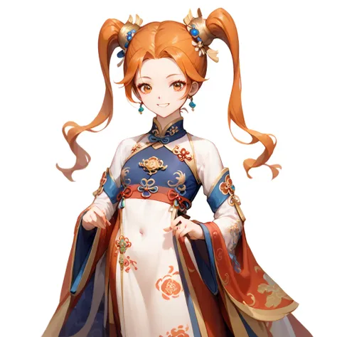 (( top quality )), ((masterpiece)), ( Details), （ perfect face）、Zessika Albert, who has twin tails with orange hair, is wearing gorgeous ancient Chinese Hanfu and smiling in a pose showing off her charming body、Chinese Palace