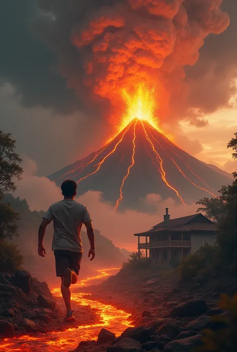 Create a picture of a melting volcano with flowing lava and big black clouds. and nursing home around the mountain .running around .. a young Indonesian man with a panicked looking face