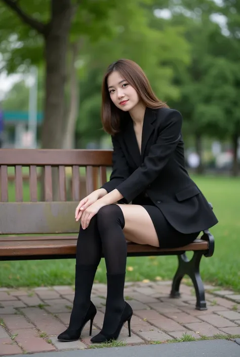 ( Photorealism:1.2),  Japanese、Black office suit with super mini tight skirt、A woman&#39;s legs in thick, realistic black socks are sitting on a chair in the park、Ultra-realistic black socks、Wearing sexy black realistic high heels、Two perfect pairs of feet...