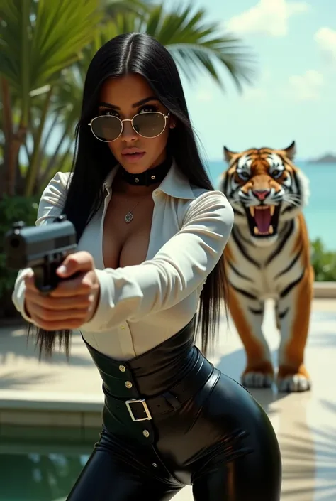 Kim Kardashian with long straight black hair in a tight white latex shirt.And with buttons and collar  , large cleavage, in black latex leggings and wide black belt,and round glasses with transparent lenses,   black collar , in a villa, Thailand, Meerblick...