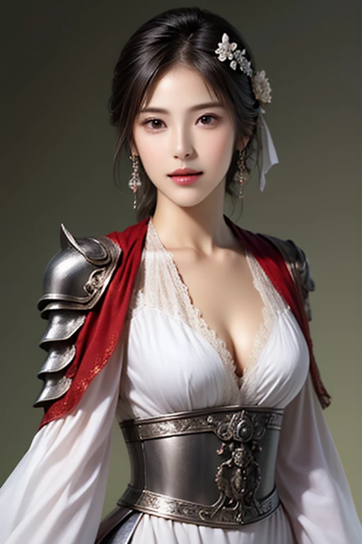 ((The upper body of a female warrior wearing silver and white armor and cloak:1.3)),1 person, black hair, belly shortcut ,Big breasts and cleavage, highly detailed face and skin textures , staring at the camera,  Chinese Warrior , perfect beauty: 1.4, fine...