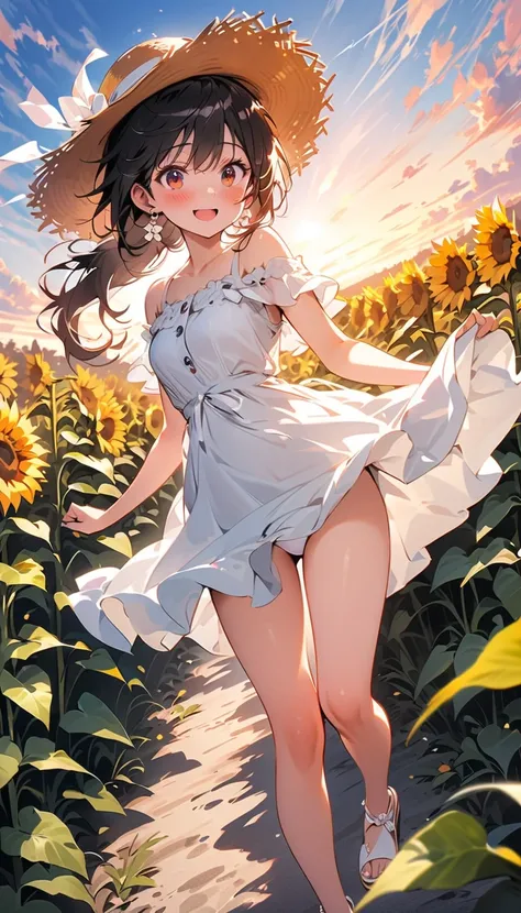 ( beautiful girl : 1.3), 1 girl,( white dress, Straw Hat , earrings for women with first name,Sandals,Pure white underwear,pubic hair), black hair, ponytail,smile,blush,Embarrassed, dynamic angle ,Strong winds, The skirt flips up in the wind,Sunflower fiel...