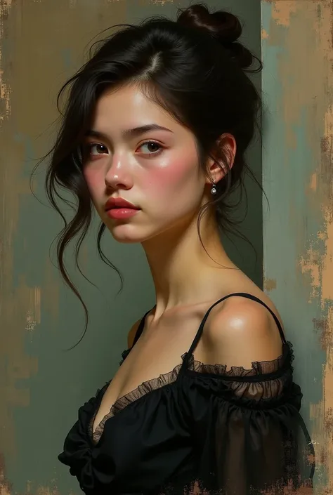 Create an half body portrait of a beautiful 25-year-old melancholic woman in a modern setup. The style should harmoniously blend the painting techniques of William Wray and Henri de Toulouse-Lautrec. Capture a pensive and melancholic expression that reflec...