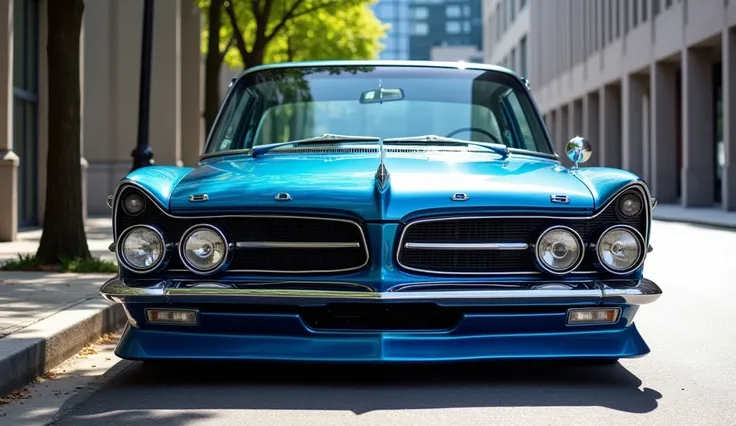 "A stunning 1965 Chrysler 309 sedan in a glossy blue finish, parked on a clean urban street under bright natural daylight. The cars polished surface reflects the surroundings, emphasizing its sharp lines and elegant curves. The detailed front grille with t...