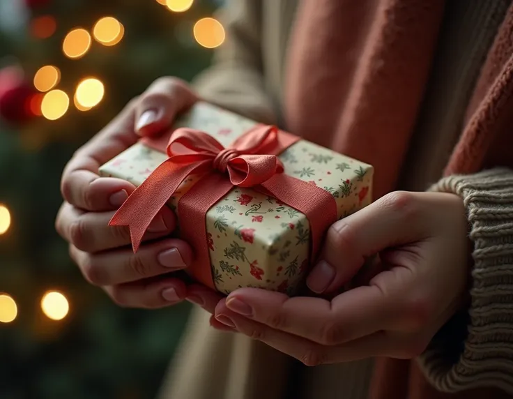 Hands of a person opening a gift wrapped book, realistic and detailed wrapping paper, Christmas lights and decorations on a blurred background, warm Christmas atmosphere, photorealistic, masterpiece, cinematic lighting, ultra detailed, highly detailed, hyp...