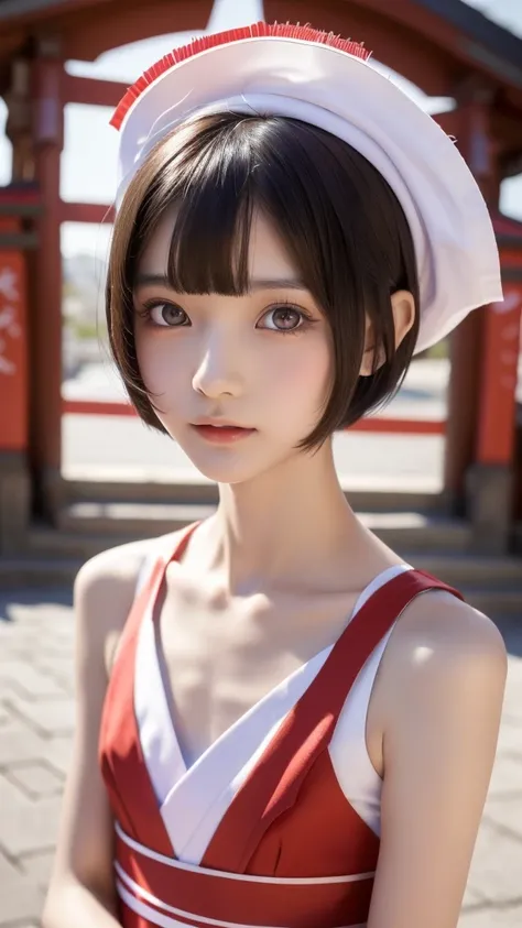 (Shrine maiden,A very young beautiful girl,Very slim body, very short hair ,Correct human body, detailed eyes, detailed face , very beautiful face , very cute face, sexy lips, beautiful skin, evenly balanced eyes,Droopy eyes:1.5), very embarrassed, sexual ...