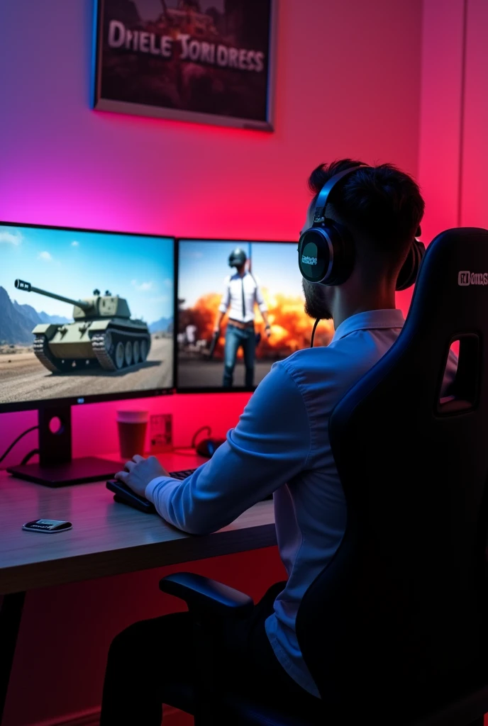  The picture shows a streamer , sitting On a .  On the table there are two monitors ,  each of which the game is played - tanks on one monitor (World of Tanks ),  monitor and on another PlayerUnknowns Battlegrounds  (Pubg).  The table also shows the YouTub...