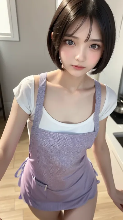 (Sexy Apron,A very young beautiful girl,Very slim body, very short hair ,Correct human body, detailed eyes, detailed face , very beautiful face , very cute face, sexy lips, beautiful skin, evenly balanced eyes,Droopy eyes:1.5), very embarrassed, sexual cli...