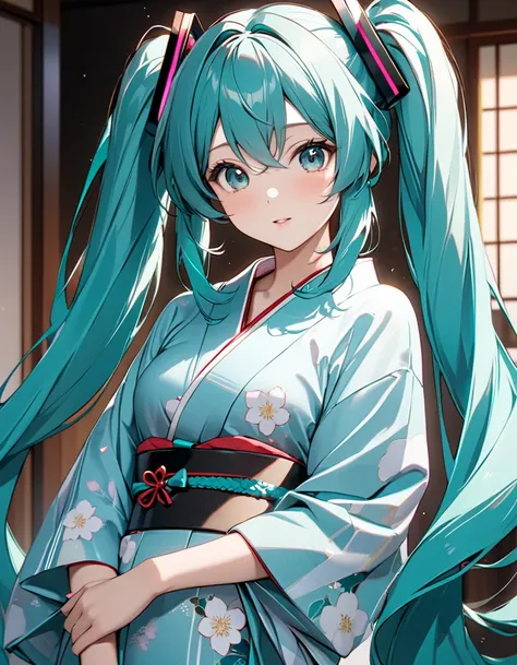 ( Japanese anime style ),  cute, ( Hatsune Miku :1.5),  Cowboy Shot ,Japanese Yukata, masterpiece:1.5, masterpiece, highest quality, UHD, retina, masterpiece, accurate anatomy, super detailed, high quality, best quality, 8k