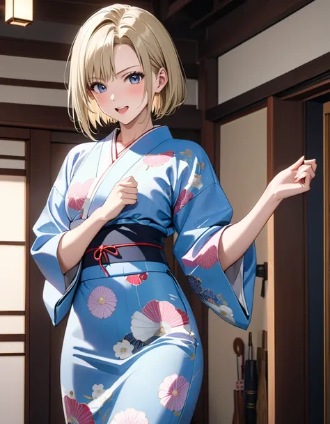 ( Japanese anime style ),  cute, ( android１８Number:1.5),  Cowboy Shot , Married Woman, excited, Japanese Yukata, masterpiece:1.5, masterpiece, highest quality, UHD, retina, masterpiece, accurate anatomy, super detailed, high quality, best quality, 8k