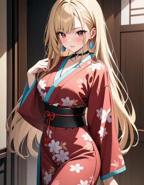 ( Japanese anime style ),  cute, Japanese Yukata, masterpiece:1.5, masterpiece, highest quality, Kitagawa Marin, 1girl,  Cowboy Shot , blonde hair, long hair, multicolored hair, red eyes, jewelry, earrings, piercing, black choker, UHD, retina, masterpiece,...