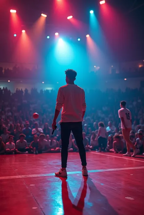 Importe une photo du chanteur Français Yann’s et crée une image dans le format A4 paysage. Il doit chanter dans une salle de volley-ball avec du public 