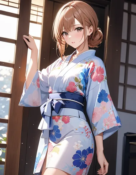 Japanese Yukata, ( Japanese anime style ),  cute, (Misaka Mikoto), masterpiece:1.5, masterpiece, highest quality, UHD, retina, masterpiece, accurate anatomy, super detailed, high quality, best quality, 8k