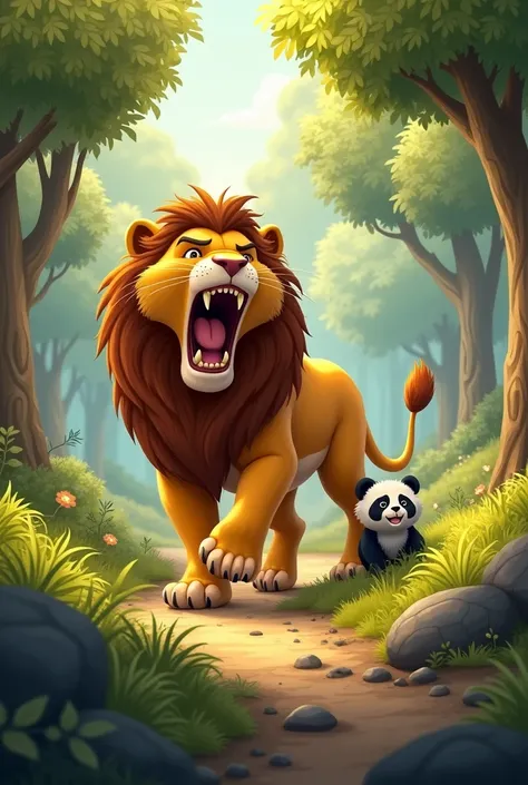 The Lion Roars Nearby: Prompt: "A mighty lion named Leo walking through the forest, roaring loudly. The scene shows the lion with a powerful stance, surrounded by trees, bushes, and sunlight shining through. The baby panda, Pipi, is hiding behind a rock, l...