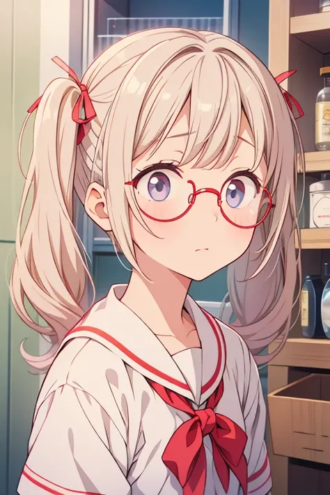 Looking up、 is shy、I have a medicine cabinet、 white twin tail 、Worried face、Round Glasses、