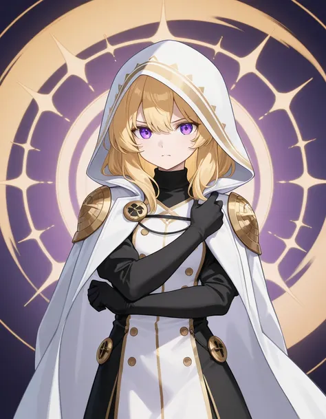 female character with shoulder-length blonde hair and striking purple eyes. She has a serious, confident expression. Her outfit appears to be a combination of futuristic and fantasy designs, including a white hooded coat with ornate armor-like accents on t...