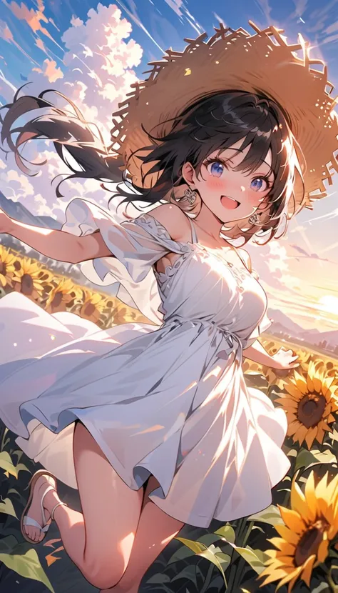 ( beautiful girl : 1.3), 1 girl,( white dress, Straw Hat , earrings for women with first name,Sandals,Pure white underwear,pubic hair), black hair, ponytail,smile,blush,Embarrassed, dynamic angle ,Strong winds, The skirt flips up in the wind,Sunflower fiel...