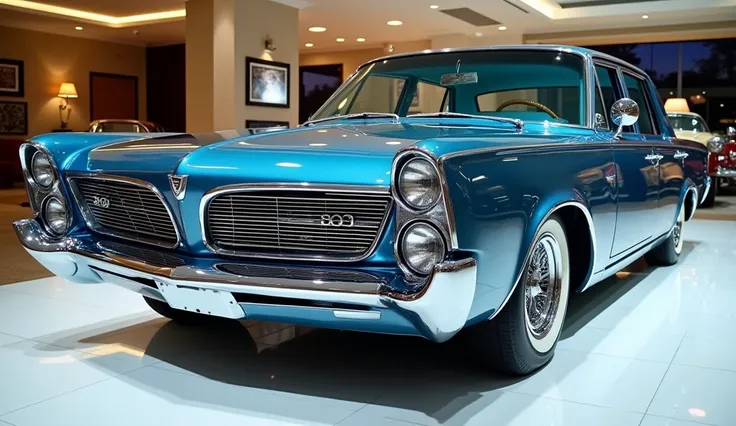 "A stunning 1965 Chrysler 309 sedan in a glossy blue finish displayed in a luxurious, brightly lit showroom with a gleaming white floor. The cars polished surface reflects the showrooms elegant lighting, highlighting its sleek curves and detailed craftsman...