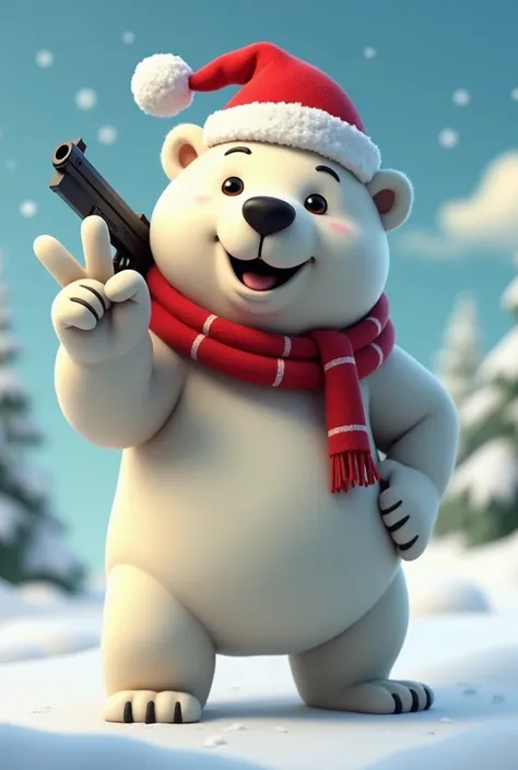 A realistic animated polar bear logo with a white Christmas cap on head and a sholl on his neck and gun holding in shoulder and smiling medium fat polar bear and showing victory sign symbol with one hand and its a tall and cute bear