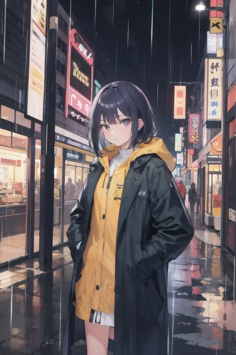 1girl,night city,rain,coat,hands in pockets