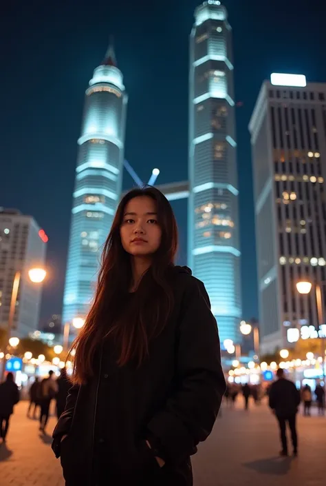 arafed woman standing in front of a large building at night, gemma chen, standing in a city center, leslie zhang, louise zhang, photo taken in 2 0 2 0, profile image, a picture, in the background, katherine lam, wenfei ye, girl venizian, jen zee, meg kimur...