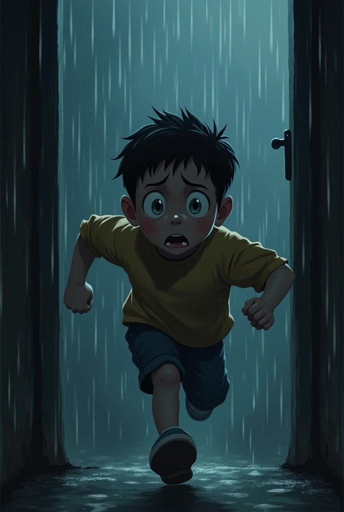 the boy who run in dark, his face was afraid and raining on windows