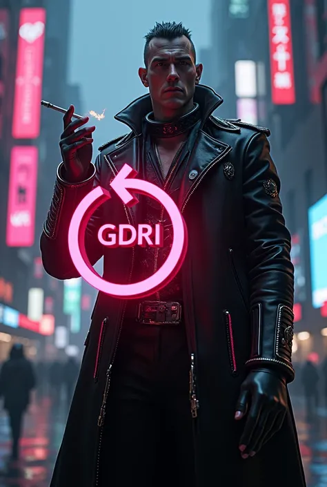 Make a cyberpunk king with the GDRI logo smoking a cigarette