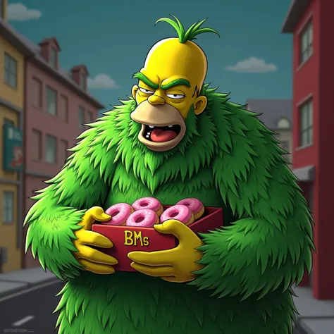 Homer simpsons déguisé en Grinch de noël, avec pleins de longs poils verts, qui vole des donuts portants linscription BMS.  il rigole dune manière démoniaque