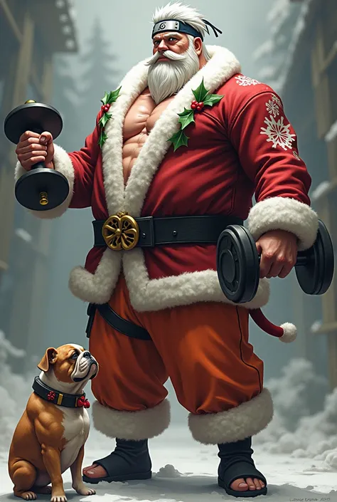 Make Naturo super muscular like a bodybuilder with ninja and fusied Santa Claus costumes 
Ninja clothes have Christmas details,gym dumbbell in the hand and an English bulldog 