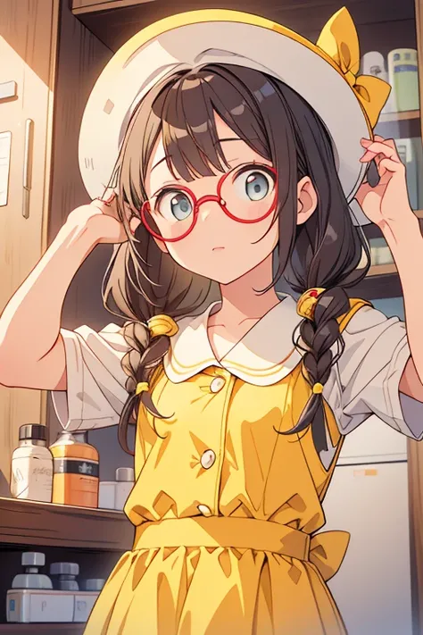 Looking up、 is shy、I have a medicine cabinet、 white twin tail 、Worried face、Round Glasses、Yellow round hat