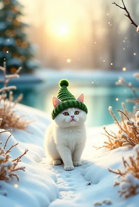 A soulful Christmas scene, lovely warm colors, white cat walking down the path in a crocheted green hat, snow, ice and frozen lake, Christmas tree in the background, watercolors