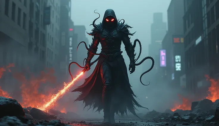 create realistic image "A dark avenger rises in Danger City—his body is an unholy fusion of molten shadows and steel. Venomous tendrils coil around his frame like armor, his glowing red eyes pierce the thick fog. Every step leaves cracks in the earth, and ...