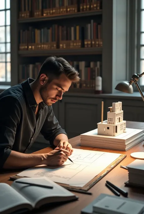 La scène s’ouvre dans une bibliothèque calme et baignée d’une lumière douce, filtrée par de grandes fenêtres à carreaux. L’atmosphère est sereine, empreinte de concentration et de travail acharné. Les murs sont recouverts d’étagères imposantes, débordant d...