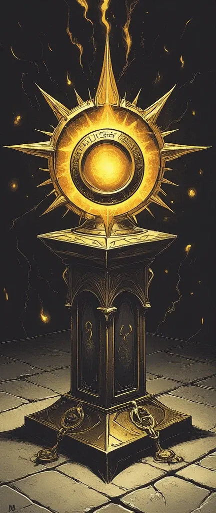 (masterpiece:1.2,Exceptional Quality,Mirror-like,Cinematic Experience, best illustrations:2.0), A beautifully crafted golden sun-shaped artifact resting on a pedestal. It glows faintly with divine light, and faint whispers of ancient voices can be heard. T...