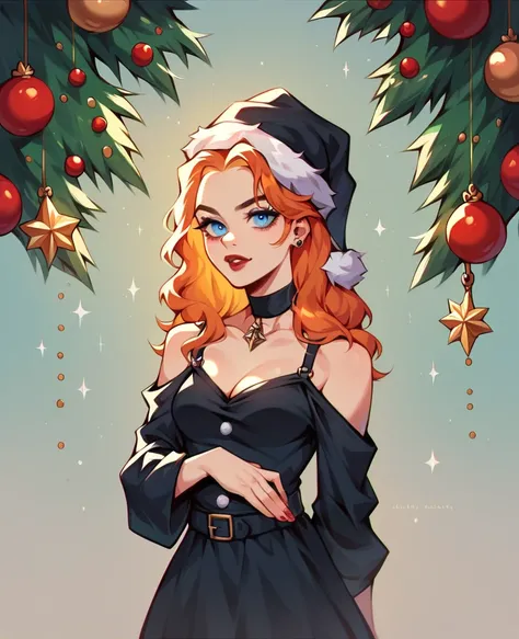 A whimsical anime style digital painting of a gothic wednesdayaddams [Santa girl] she hast a Shirt black Dress, she has big Blue eyes, a messy [black] hairstyle under her black Christmas hat, in the background is a small decorated gothic Christmas tree