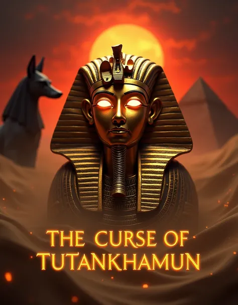 A glowing golden mask of King Tutankhamun emerges from swirling sand and shadows, with faint hieroglyphs and Egyptian symbols glowing in the background. The title "The Curse of Tutankhamun" is carved in bold, ancient-style letters, illuminated by a mystica...