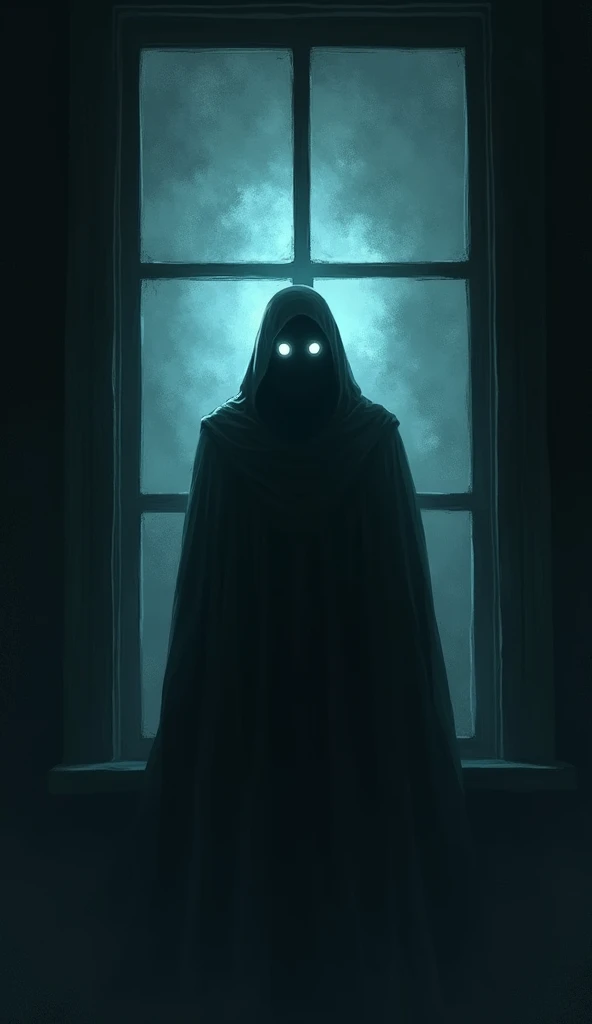 Image Prompt: A shadowy figure appearing at the window, its eyes glowing in the darkness.