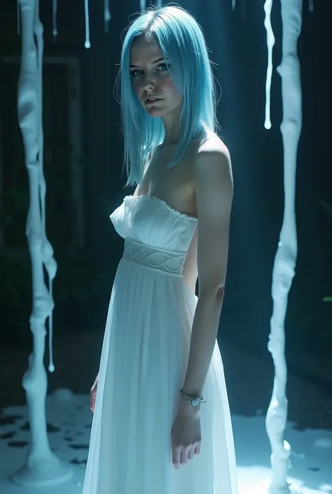 extremely hot woman with straight light blue hair , Stands in the middle of a dark room ,  where white paint flows down from the ceiling.  The paint runs down your body and the color gives the visual impression as if she were wearing a white dress