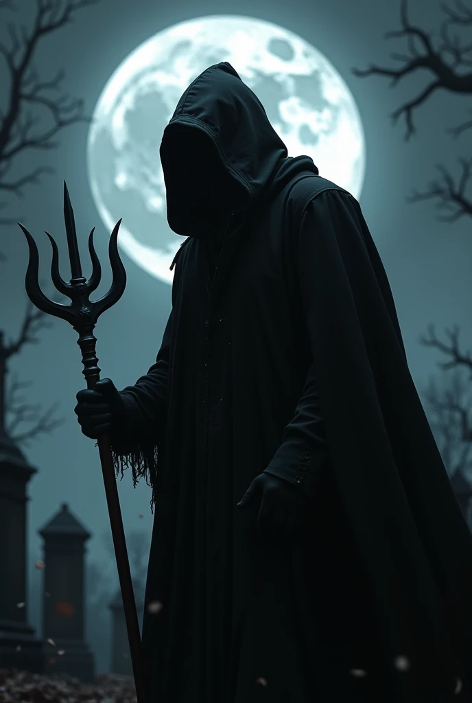  Create an image of a lightly hunchbacked man all in black using a trident as a cane, with a cape and hoodie ,  with the shadow of the hoodie covering the face ,  with a cemetery in the background with the full moon 