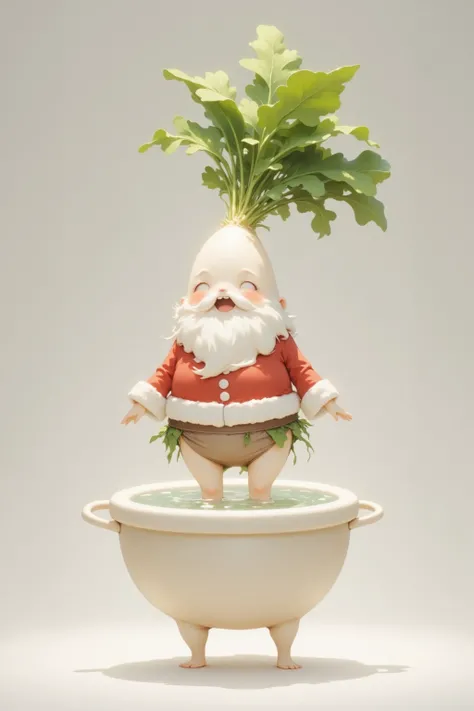 (masterpiece, top quality,  detailed description ,  amazing high resolution , Photographic images ),サンタ衣装をきたcute大根, Santa costume ,Mochimochi daikon  ,  I have a gift box  ,cute,Im taking a bath in a pot 