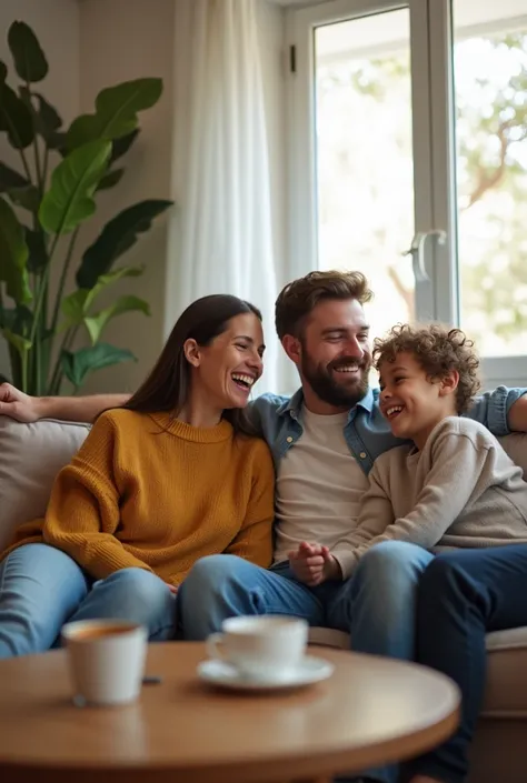 Realistic photography of a family smiling happily, relaxed, in a casual moment, gathered in the living room of a middle-class home. The setting is well-lit, with soft and natural tones. The living room is cozy and decorated simply and functionally, with ba...