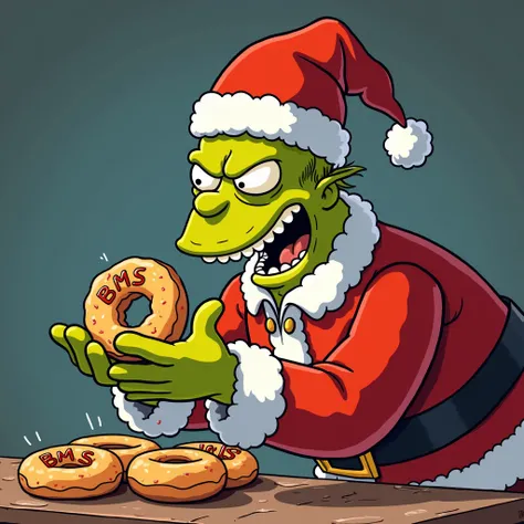 Homer simpsons déguisé en Grinch, portant un habit de père noël, qui vole des donuts portants linscription BMS.  il rigole dune manière démoniaque